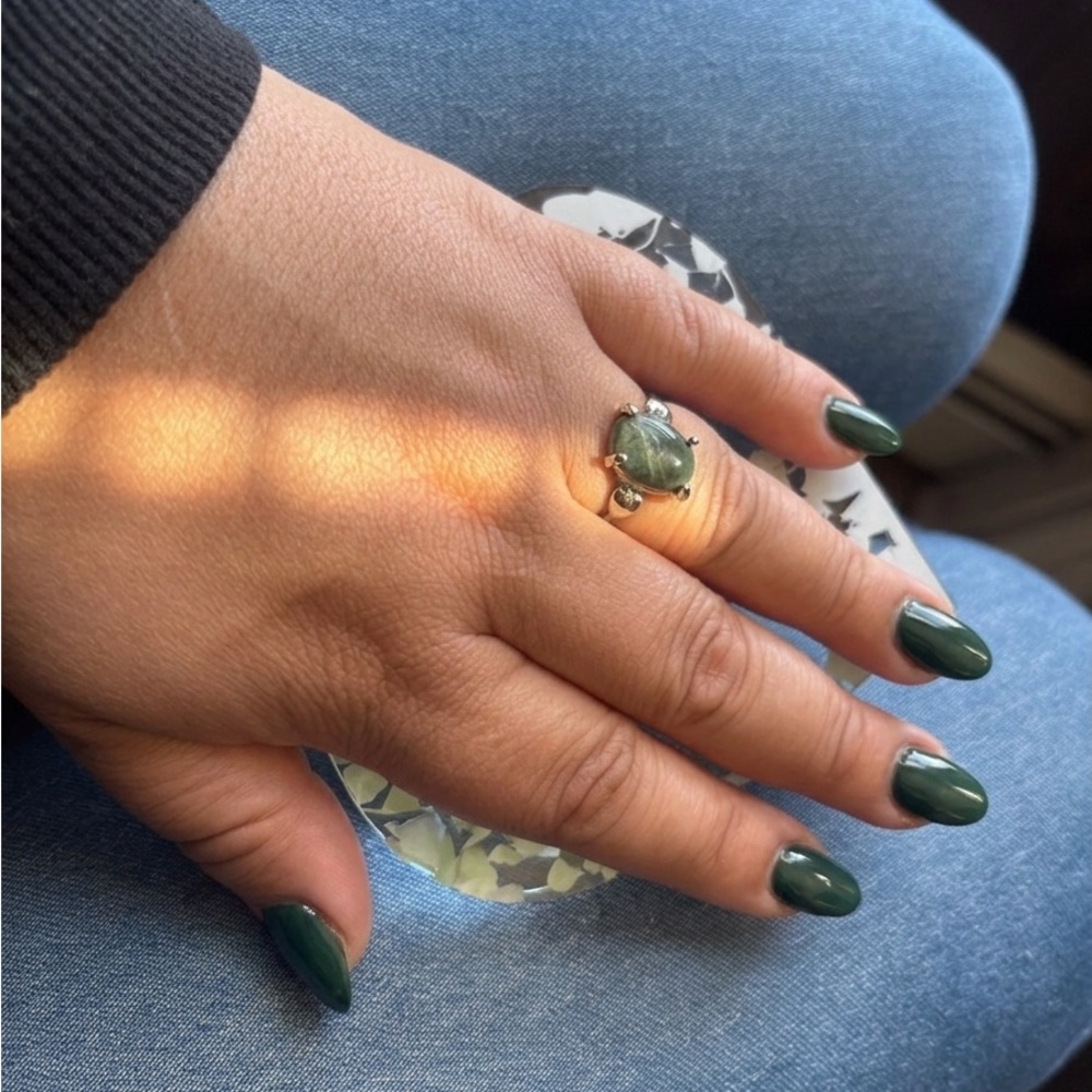 Size 10 Green Oval Stone Ring with Silver Setting